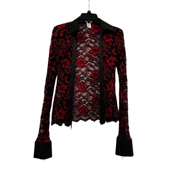 Vintage Cache Red Black Lace Zip Up Blouse Floral Vampire Goth Dark Romantic : S - Picture 4 of 14
